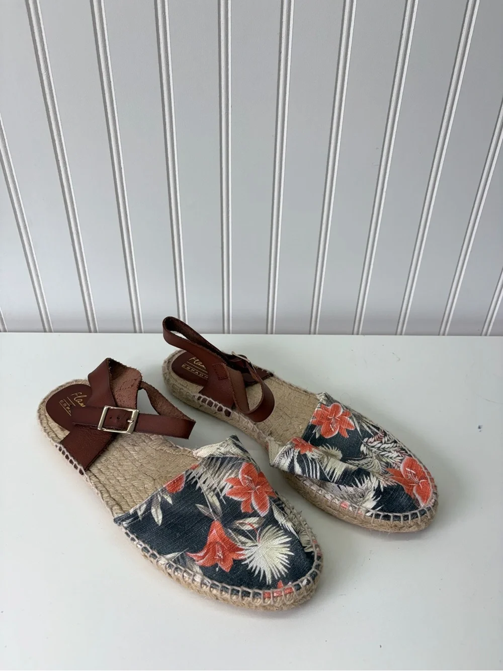 Floral Canvas Espadrille Sandals with Brown Ankle Strap - Navy & Orange